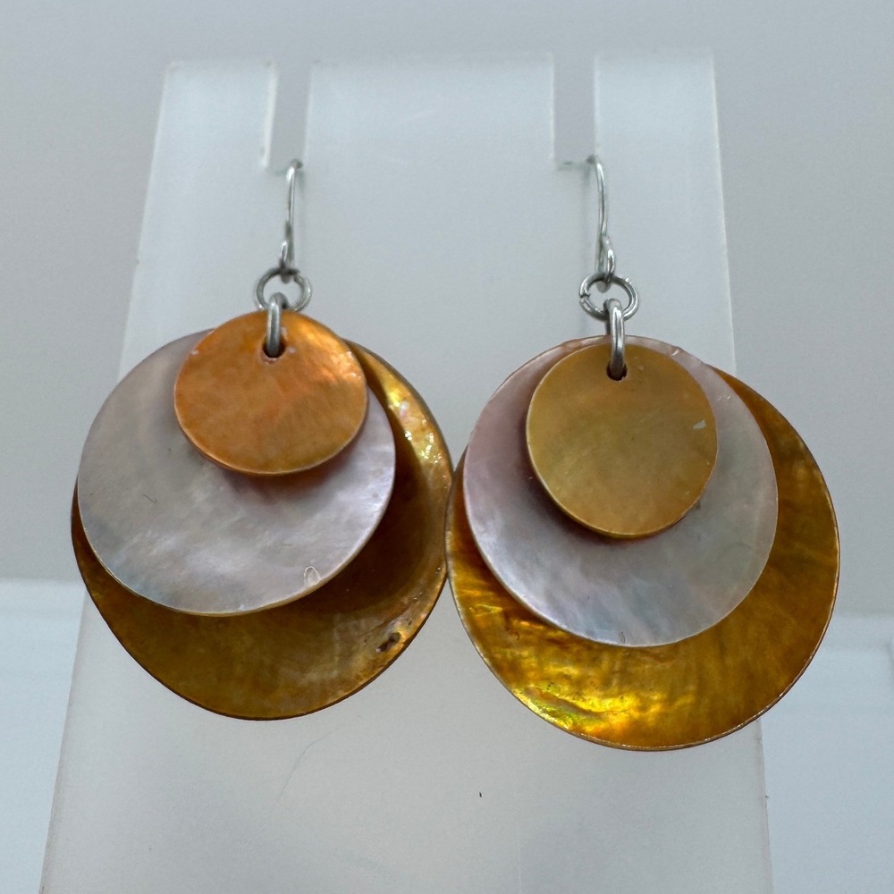 Triple Tier Shell Drop Earrings Iridescent Orange Amber White Boho Dangle Bronze
